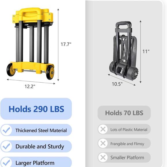 Folding Hand Truck, 290 lbs Heavy Duty Dolly Cart Solid Moving Utility Cart - Picture 4 of 6